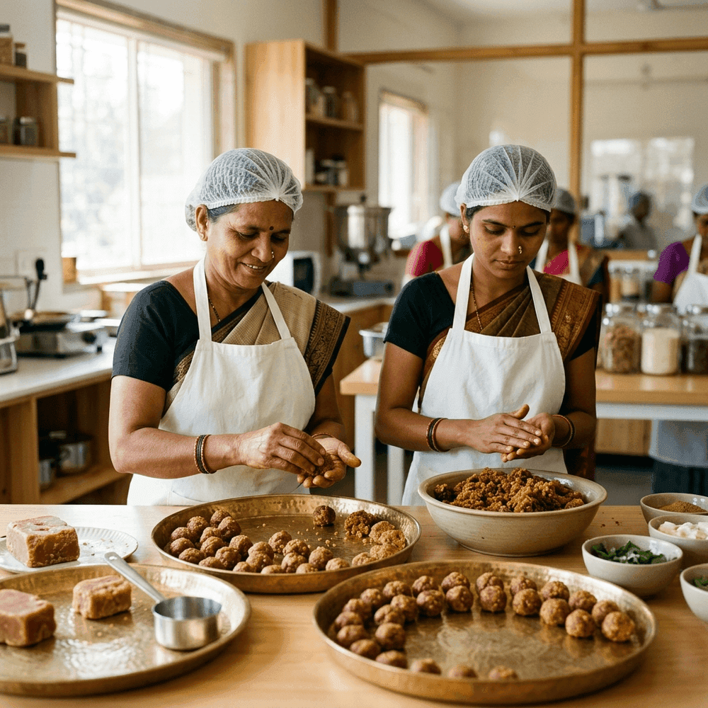 Rural women artisans carefully hand-shaping organic jaggery bites in clean hygienic workshop