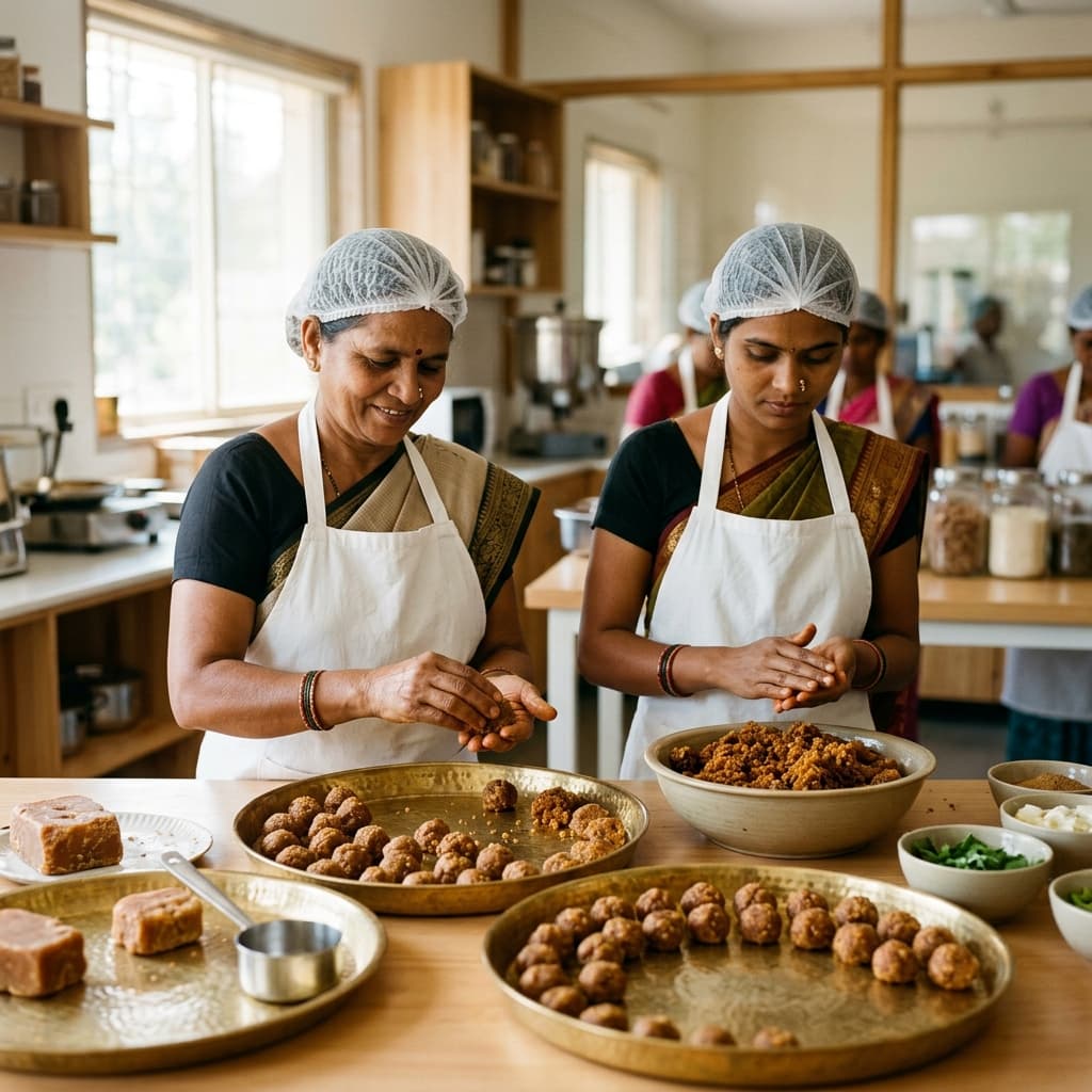 Rural women artisans carefully hand-shaping organic jaggery bites in clean hygienic workshop