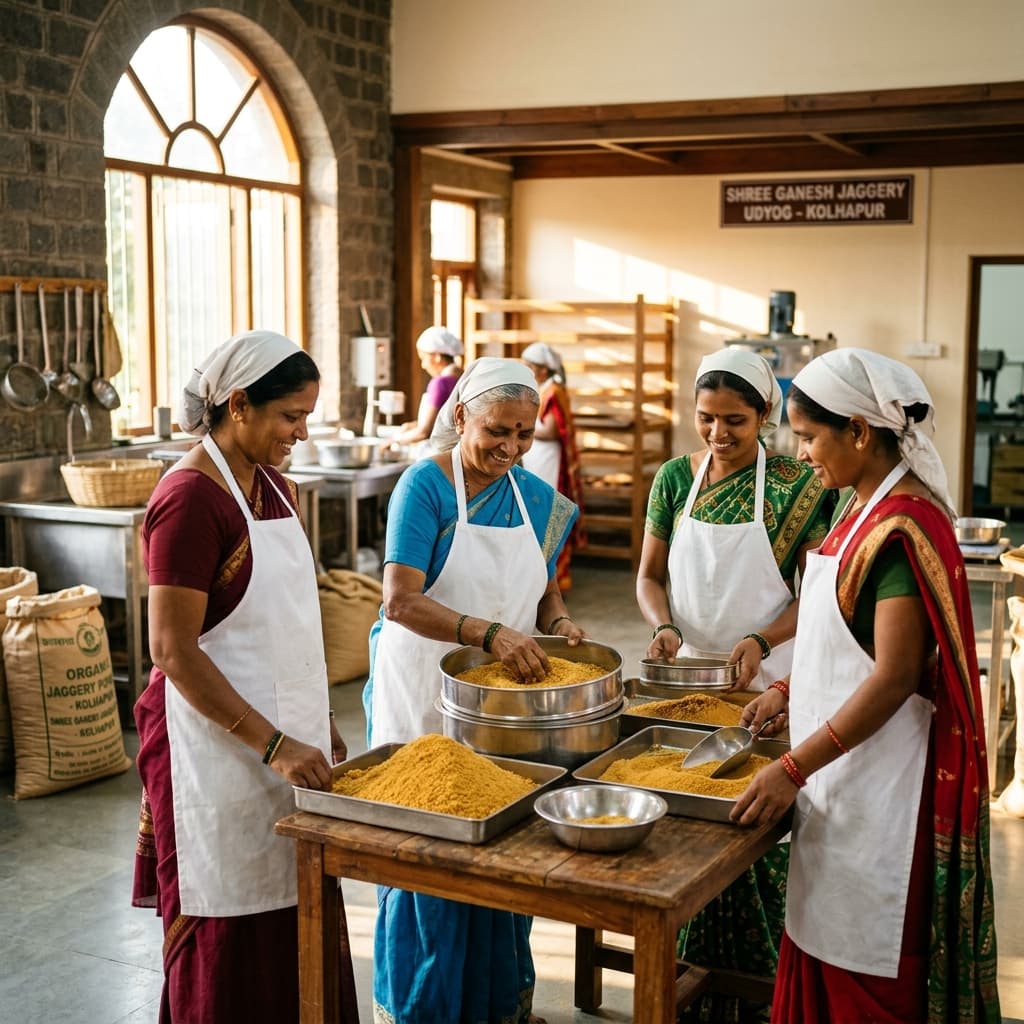 Kolhapur women artisans inspecting fresh organic jaggery powder under strict quality hygiene