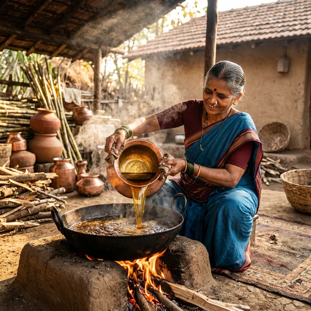 Kolhapur woman artisan carefully pouring golden sugarcane syrup into traditional wood-fired iron vat